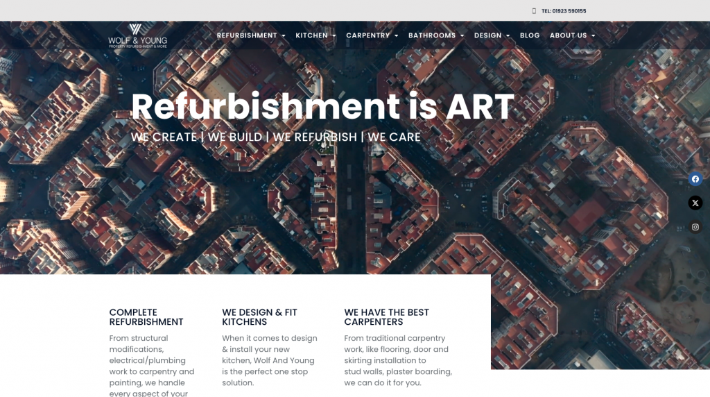An image of the website for Wolf and Young, modern renovation and refurbishment experts